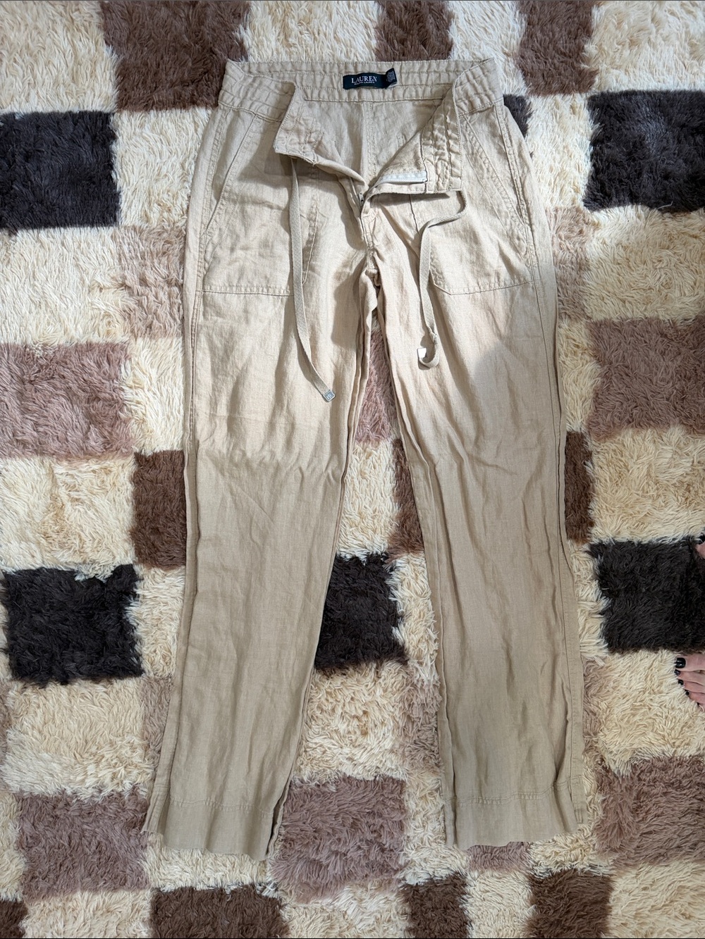 Ralph Lauren Wide-Leg Drawstring Linen Pants - Beige